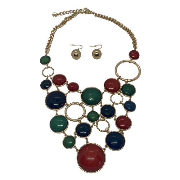 Fabulous Fashion 15” Gold Chain Necklace & Earrings Red Green Blue Disc Bib USA - Picture 2 of 16